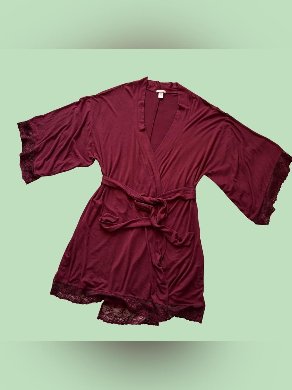 Eberjey Burgundy Wine Modal Blend Lace-trim Kimono Tie Robe Lounge